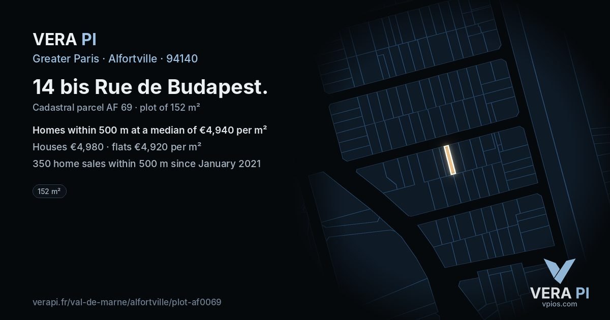 14 bis Rue de Budapest, Alfortville at night – the plot lit, the parcels around coloured by the prices near them
