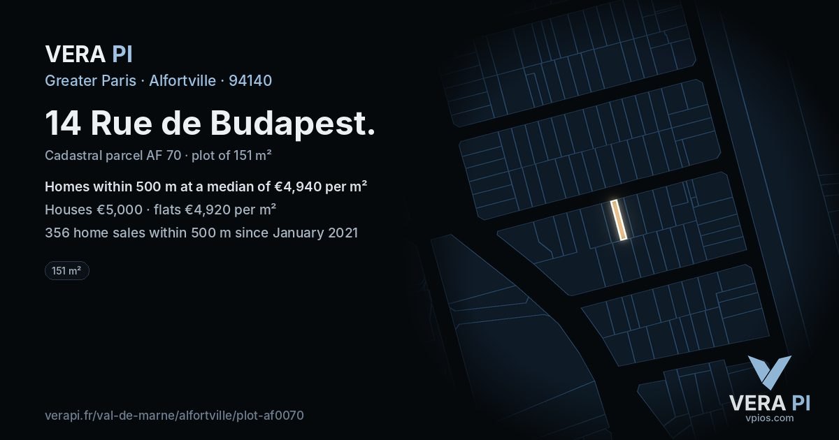 14 Rue de Budapest, Alfortville at night – the plot lit, the parcels around coloured by the prices near them