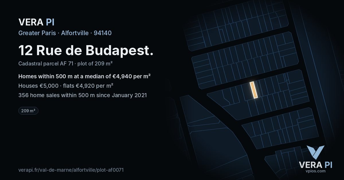 12 Rue de Budapest, Alfortville at night – the plot lit, the parcels around coloured by the prices near them