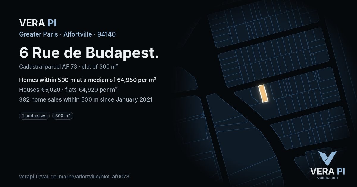 6 Rue de Budapest, Alfortville at night – the plot lit, the parcels around coloured by the prices near them