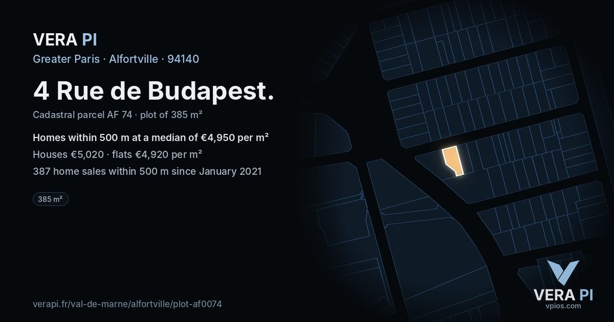 4 Rue de Budapest, Alfortville at night – the plot lit, the parcels around coloured by the prices near them