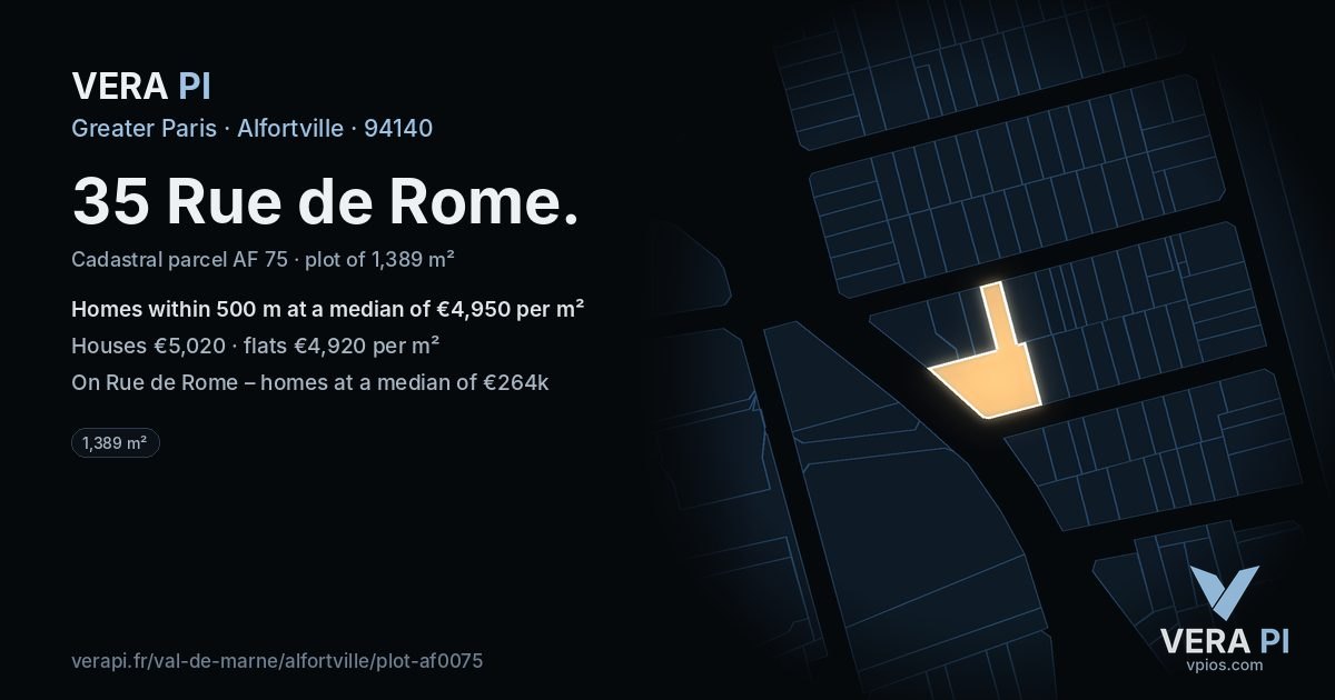 35 Rue de Rome, Alfortville at night – the plot lit, the parcels around coloured by the prices near them