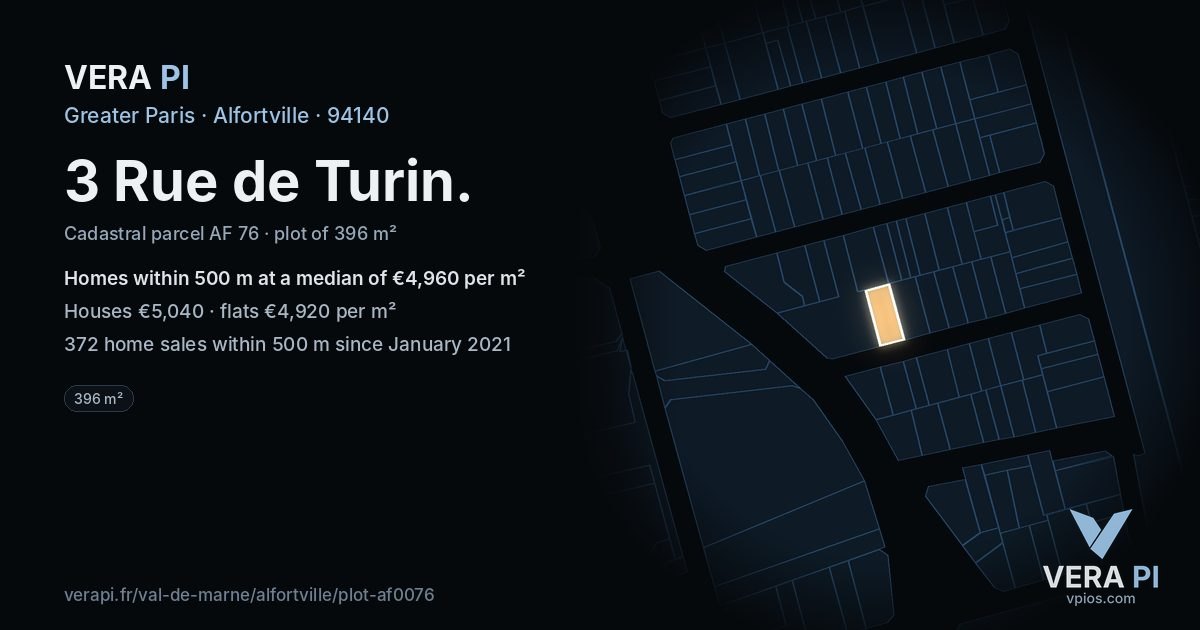 3 Rue de Turin, Alfortville at night – the plot lit, the parcels around coloured by the prices near them
