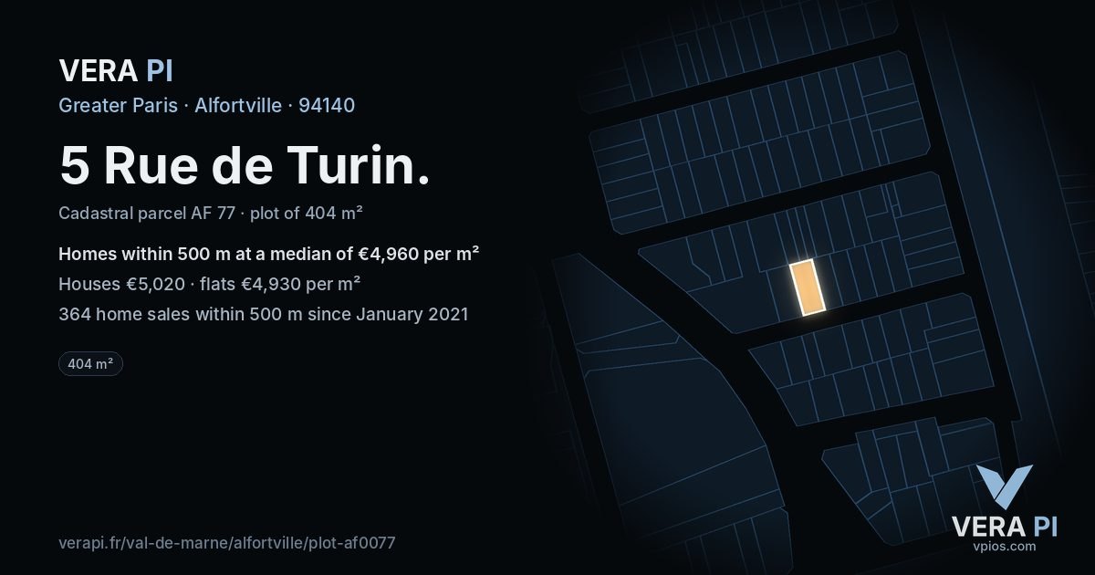 5 Rue de Turin, Alfortville at night – the plot lit, the parcels around coloured by the prices near them