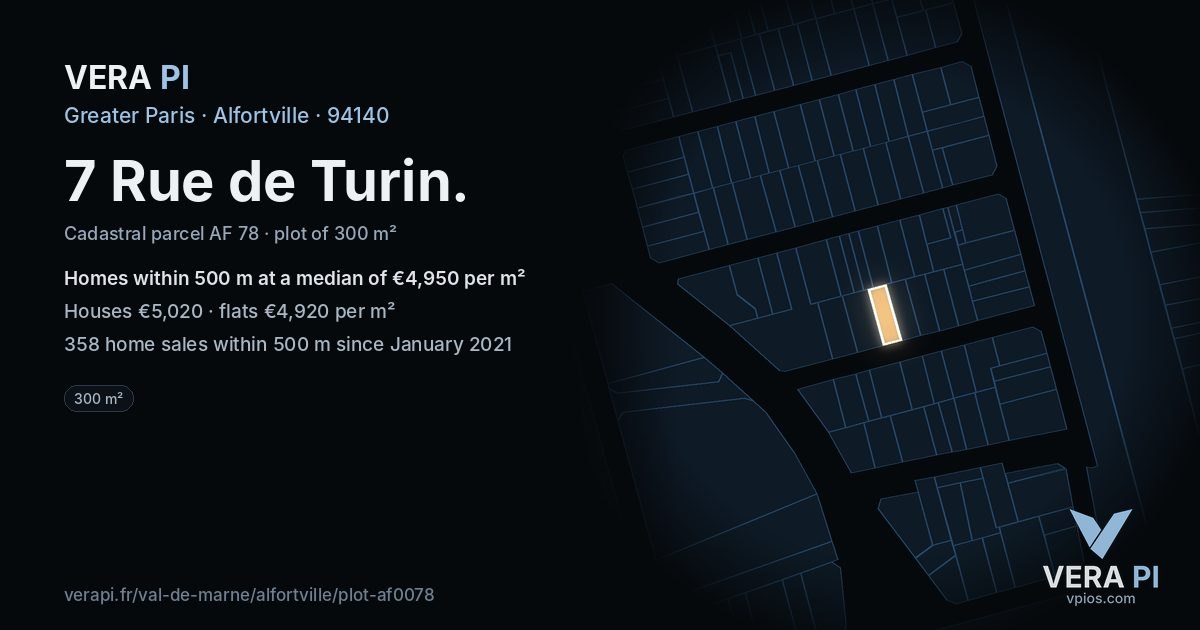 7 Rue de Turin, Alfortville at night – the plot lit, the parcels around coloured by the prices near them