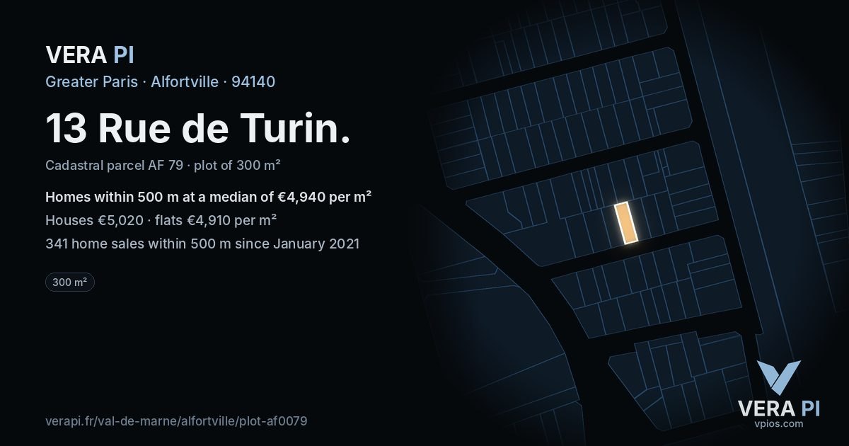 13 Rue de Turin, Alfortville at night – the plot lit, the parcels around coloured by the prices near them