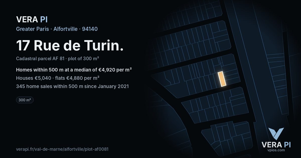 17 Rue de Turin, Alfortville at night – the plot lit, the parcels around coloured by the prices near them