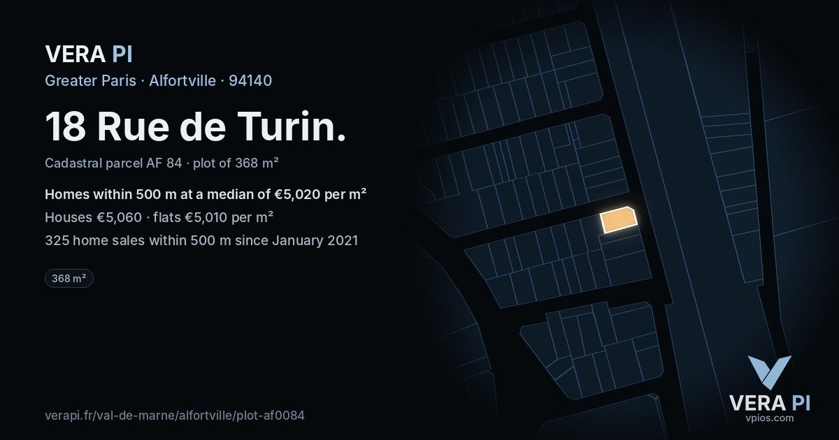 18 Rue de Turin, Alfortville at night – the plot lit, the parcels around coloured by the prices near them