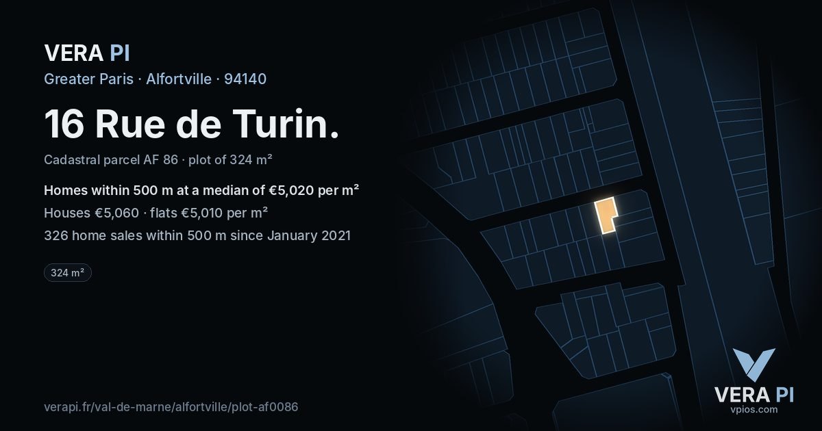 16 Rue de Turin, Alfortville at night – the plot lit, the parcels around coloured by the prices near them