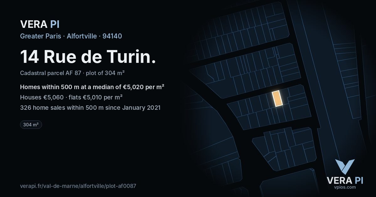 14 Rue de Turin, Alfortville at night – the plot lit, the parcels around coloured by the prices near them