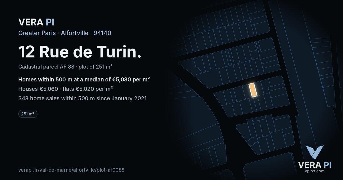 12 Rue de Turin, Alfortville at night – the plot lit, the parcels around coloured by the prices near them