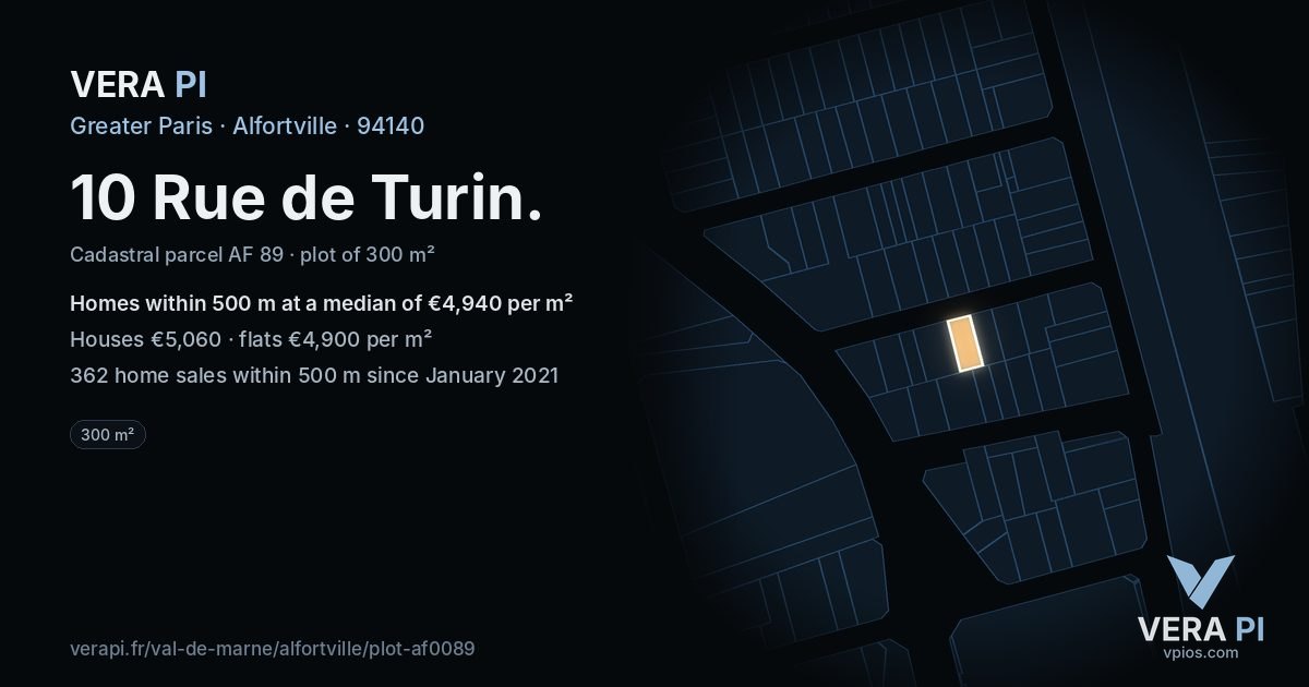 10 Rue de Turin, Alfortville at night – the plot lit, the parcels around coloured by the prices near them
