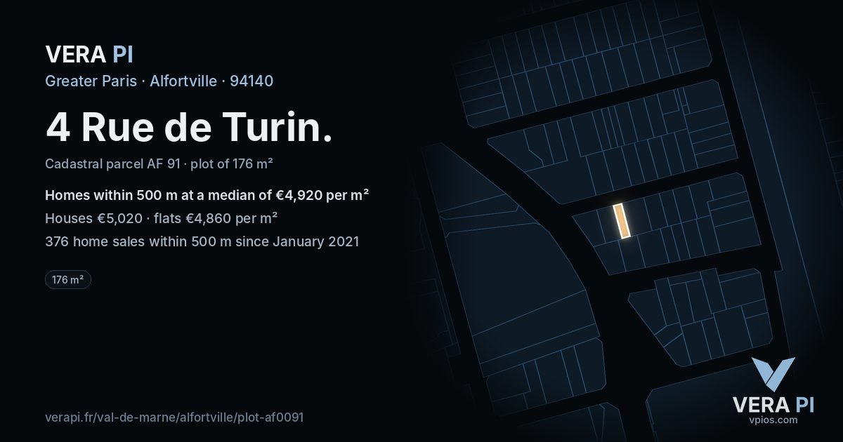 4 Rue de Turin, Alfortville at night – the plot lit, the parcels around coloured by the prices near them