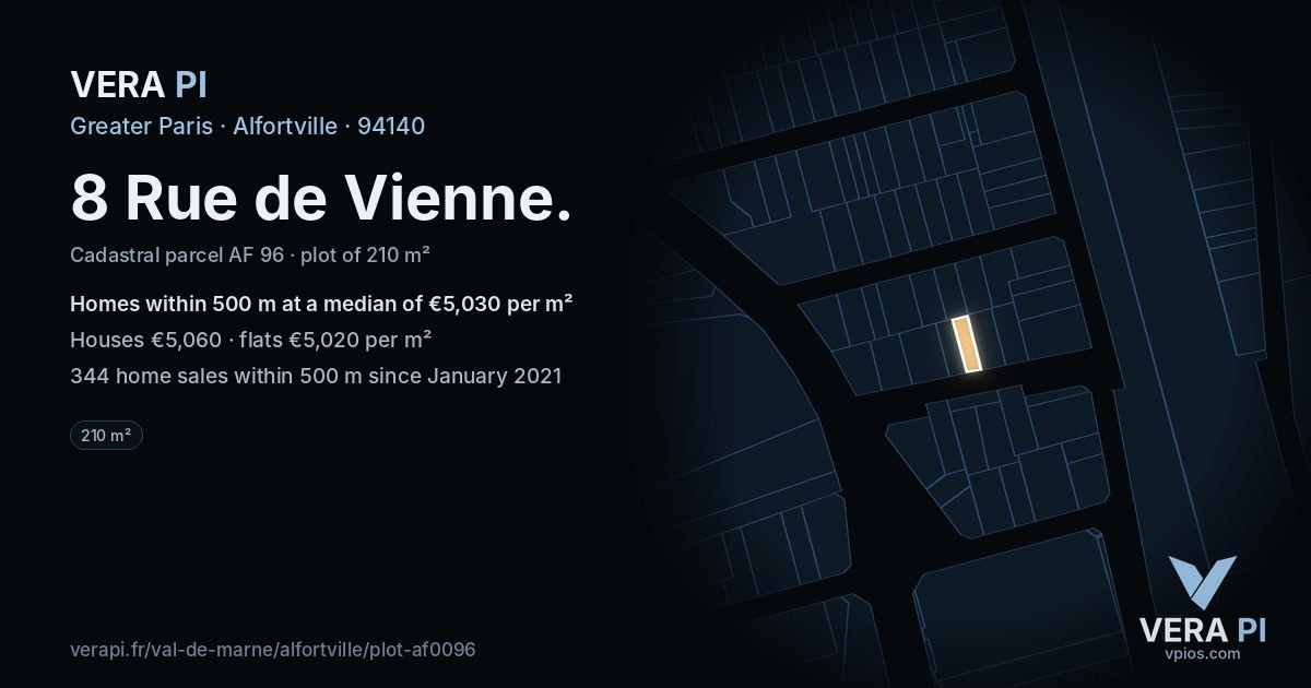 8 Rue de Vienne, Alfortville at night – the plot lit, the parcels around coloured by the prices near them