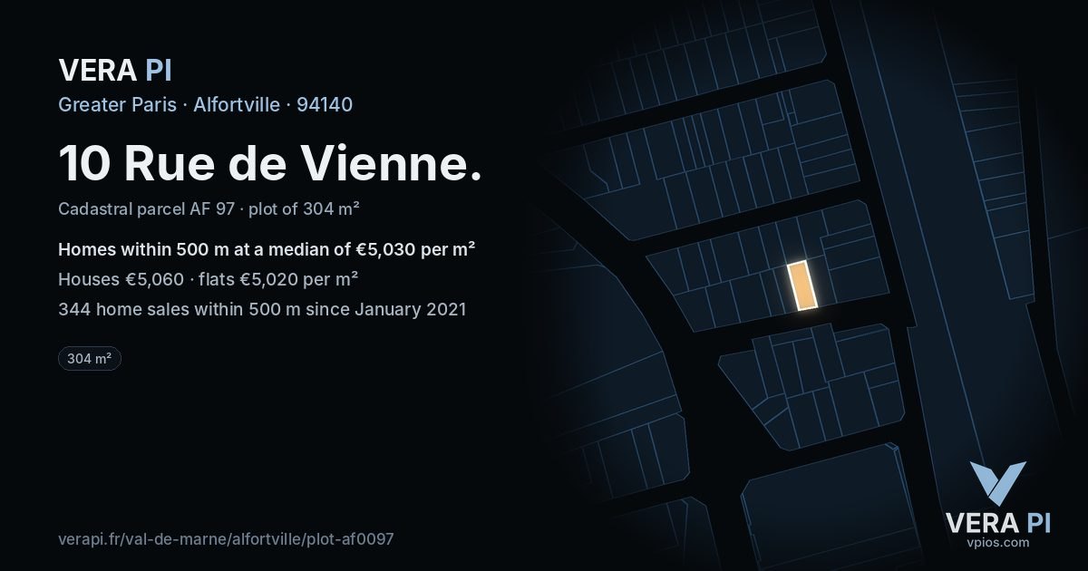 10 Rue de Vienne, Alfortville at night – the plot lit, the parcels around coloured by the prices near them