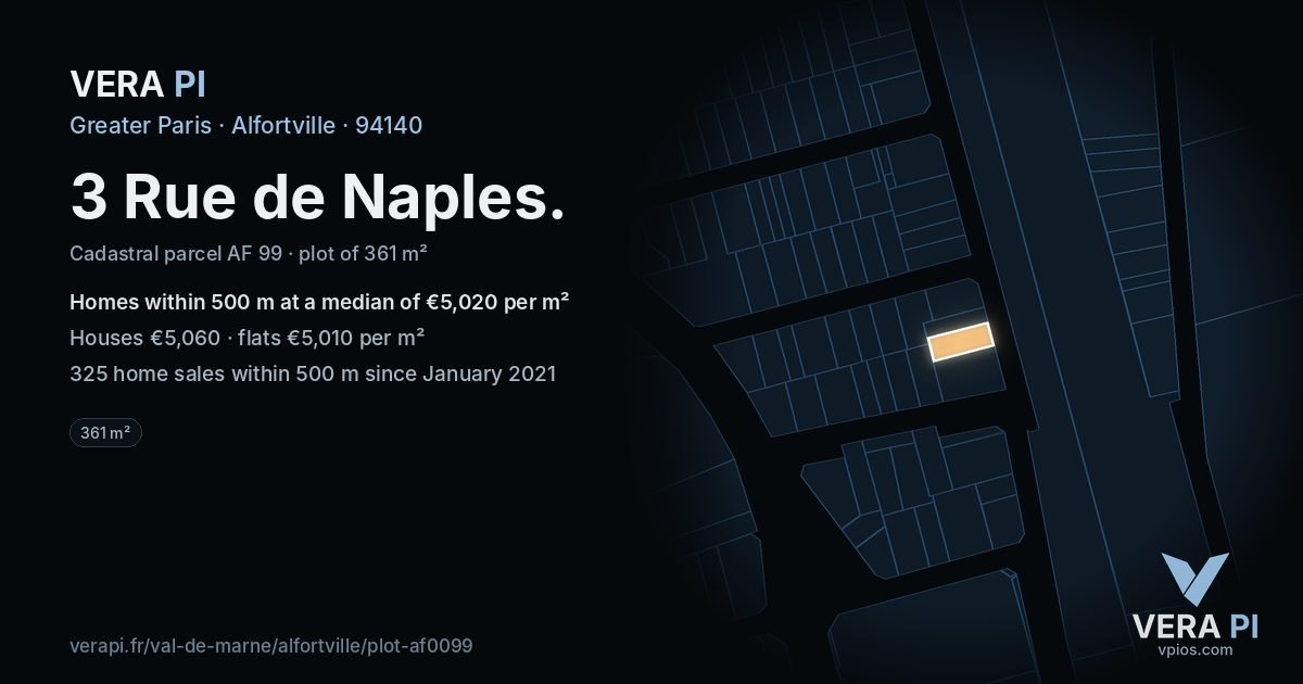 3 Rue de Naples, Alfortville at night – the plot lit, the parcels around coloured by the prices near them