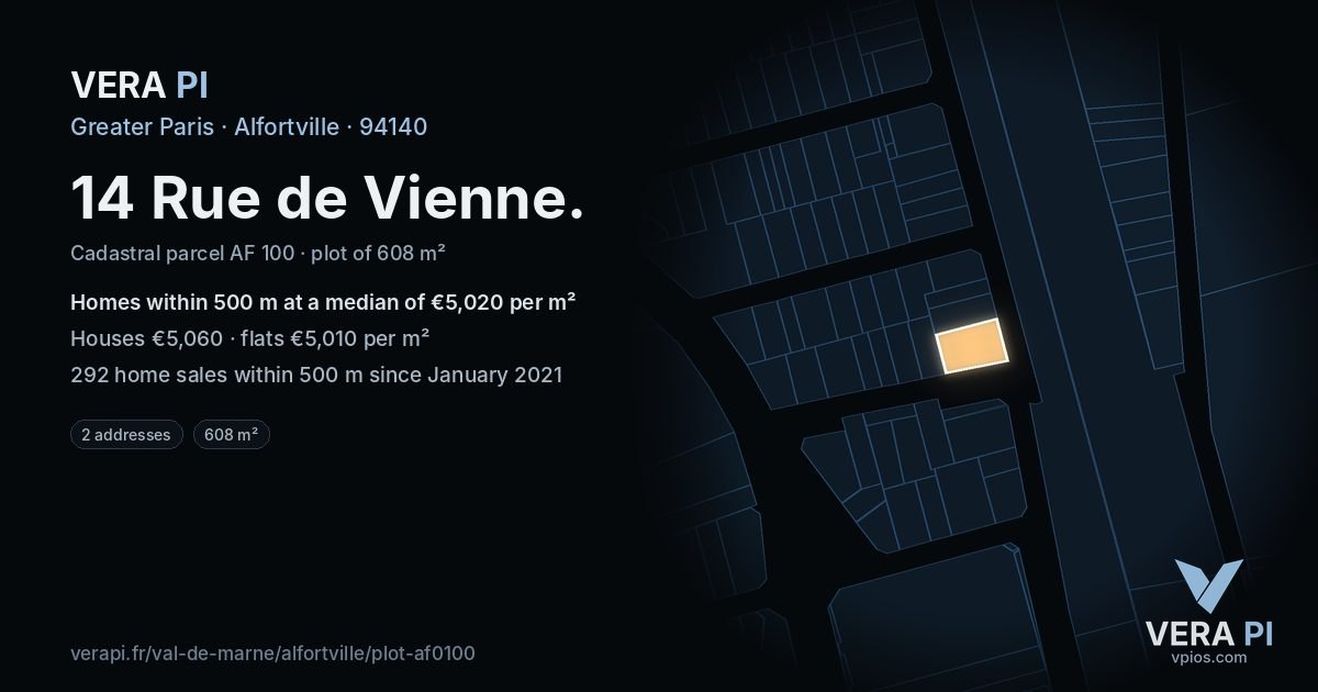 14 Rue de Vienne, Alfortville at night – the plot lit, the parcels around coloured by the prices near them
