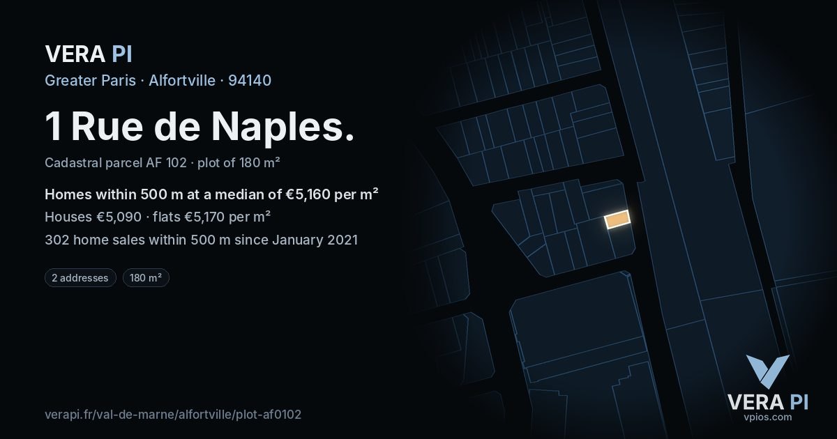 1 Rue de Naples, Alfortville at night – the plot lit, the parcels around coloured by the prices near them