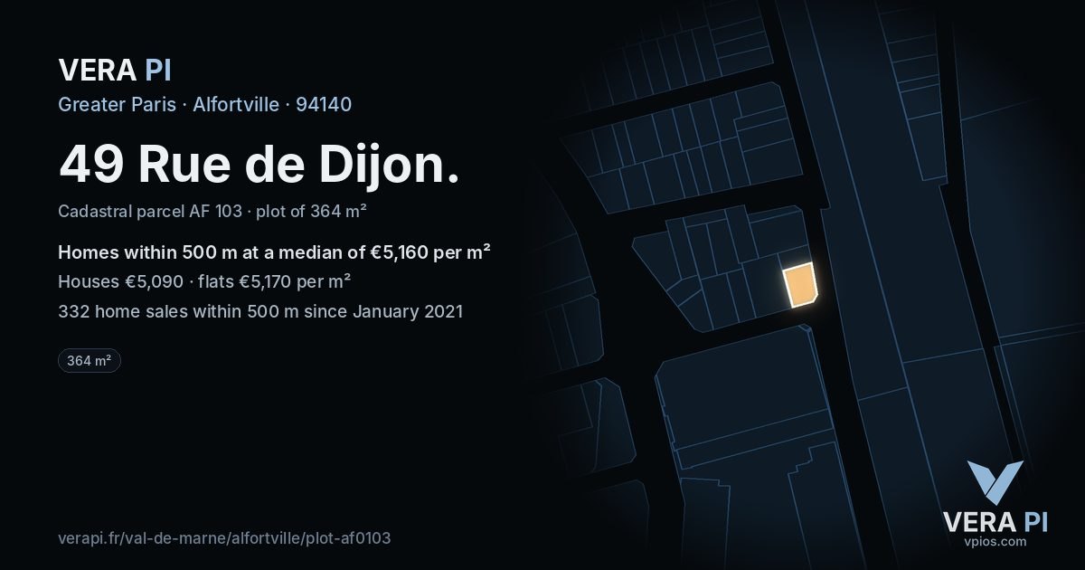 49 Rue de Dijon, Alfortville at night – the plot lit, the parcels around coloured by the prices near them