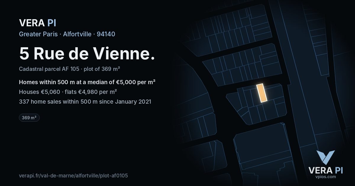 5 Rue de Vienne, Alfortville at night – the plot lit, the parcels around coloured by the prices near them