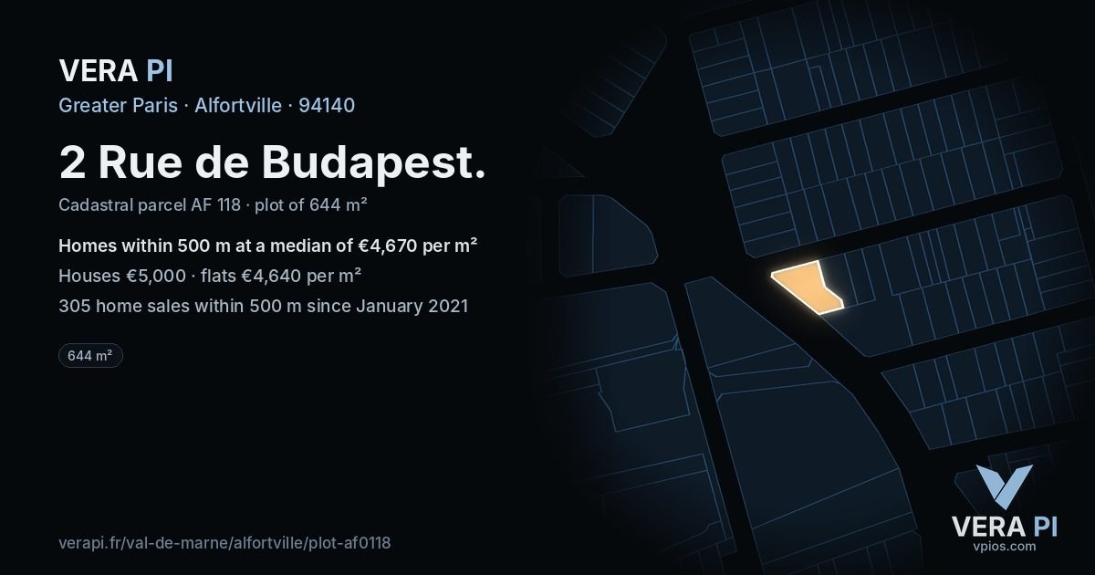 2 Rue de Budapest, Alfortville at night – the plot lit, the parcels around coloured by the prices near them