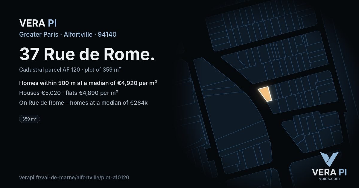 37 Rue de Rome, Alfortville at night – the plot lit, the parcels around coloured by the prices near them