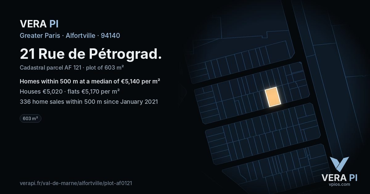 21 Rue de Pétrograd, Alfortville at night – the plot lit, the parcels around coloured by the prices near them