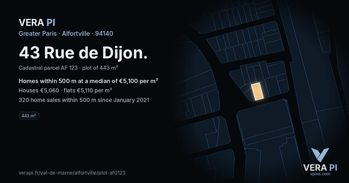 43 Rue de Dijon, Alfortville at night – the plot lit, the parcels around coloured by the prices near them