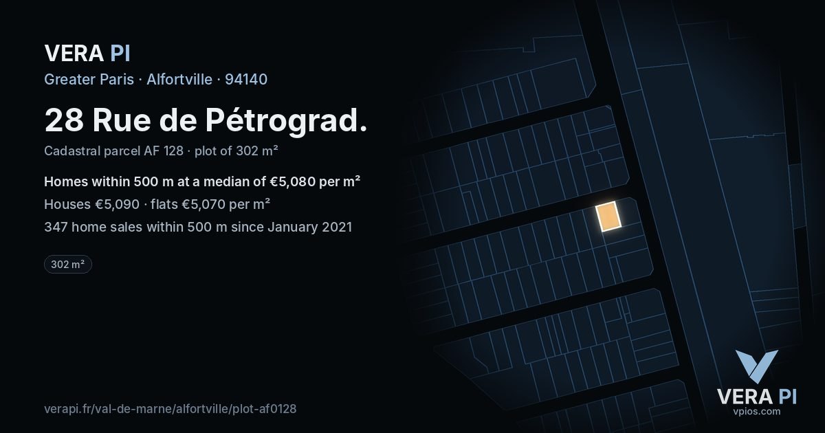 28 Rue de Pétrograd, Alfortville at night – the plot lit, the parcels around coloured by the prices near them