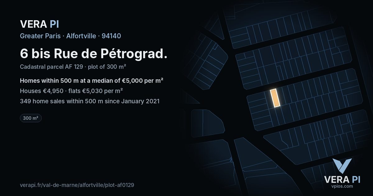 6 bis Rue de Pétrograd, Alfortville at night – the plot lit, the parcels around coloured by the prices near them