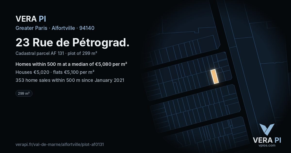 23 Rue de Pétrograd, Alfortville at night – the plot lit, the parcels around coloured by the prices near them
