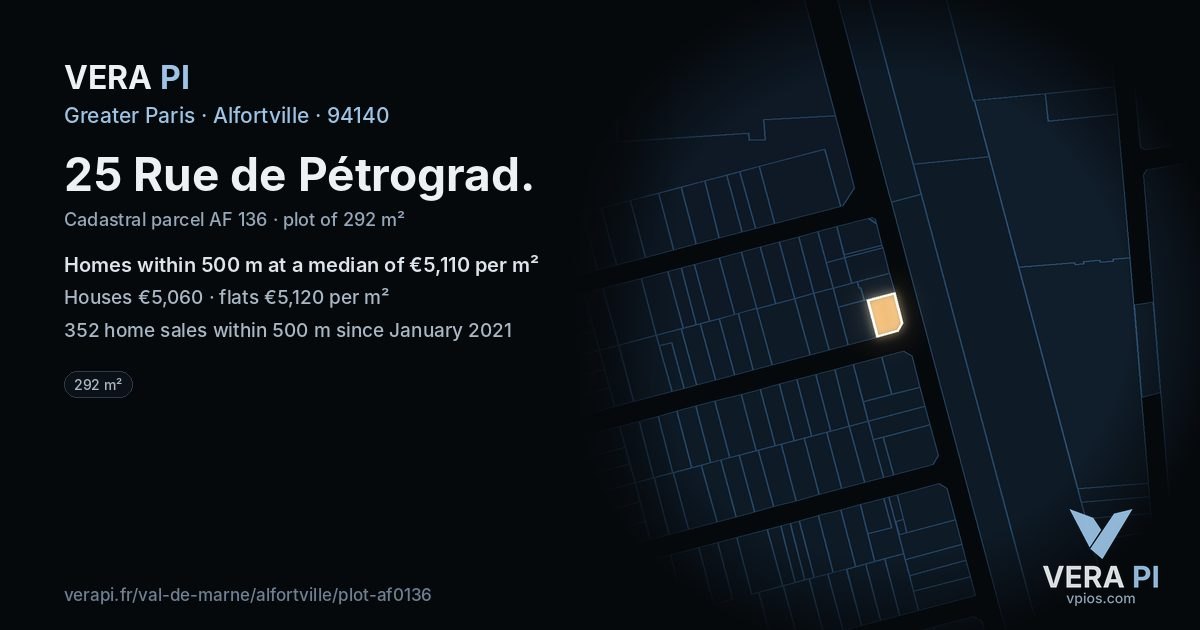 25 Rue de Pétrograd, Alfortville at night – the plot lit, the parcels around coloured by the prices near them
