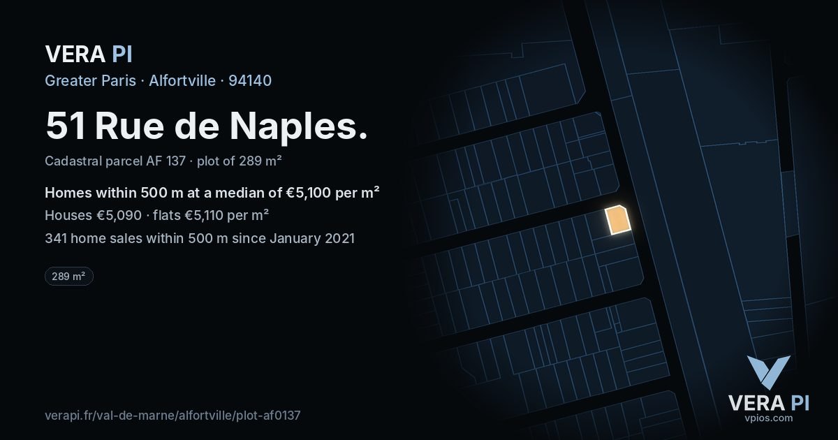 51 Rue de Naples, Alfortville at night – the plot lit, the parcels around coloured by the prices near them