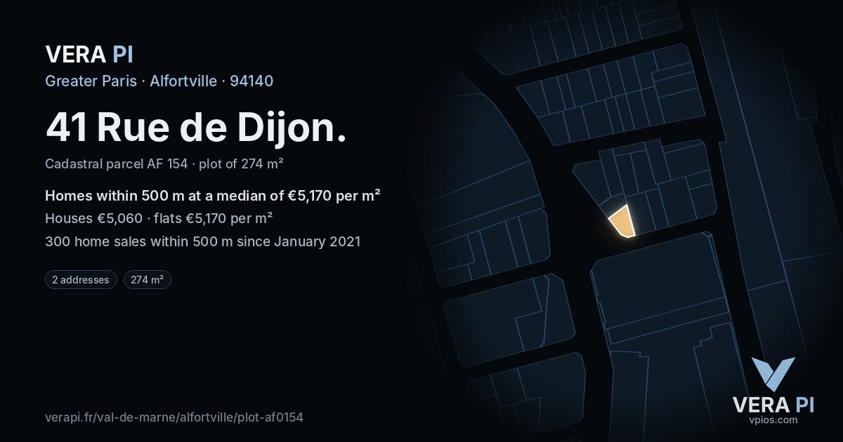 41 Rue de Dijon, Alfortville at night – the plot lit, the parcels around coloured by the prices near them