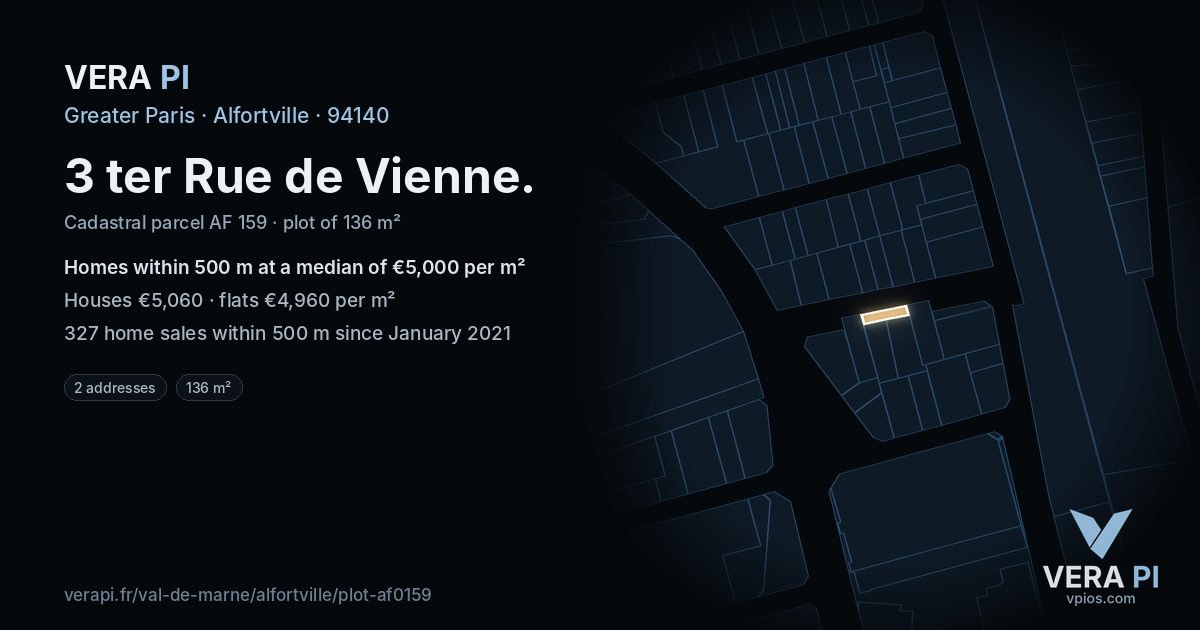3 ter Rue de Vienne, Alfortville at night – the plot lit, the parcels around coloured by the prices near them