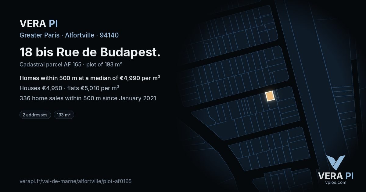 18 bis Rue de Budapest, Alfortville at night – the plot lit, the parcels around coloured by the prices near them