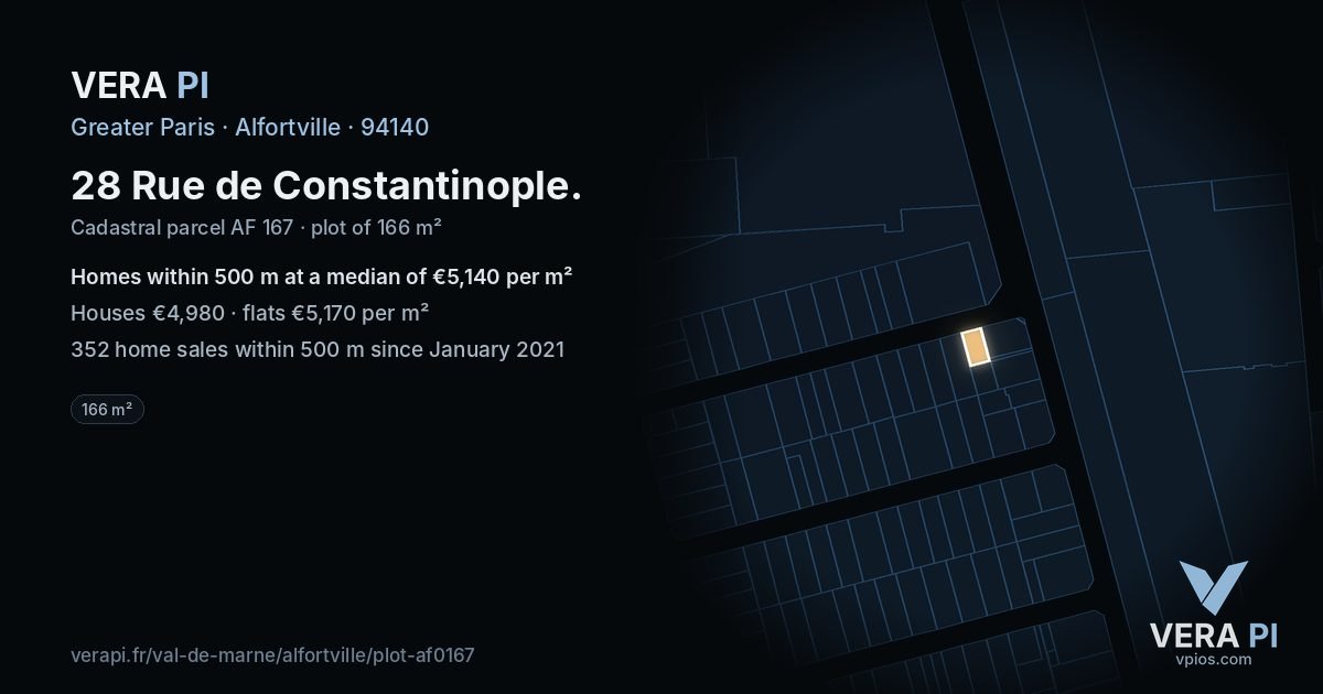 28 Rue de Constantinople, Alfortville at night – the plot lit, the parcels around coloured by the prices near them