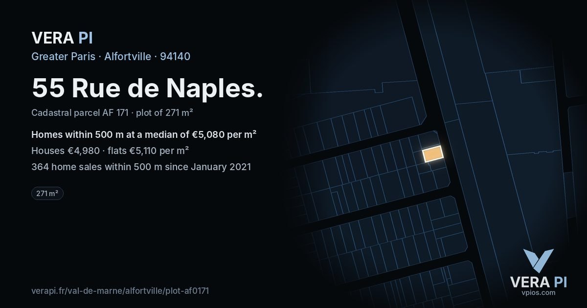 55 Rue de Naples, Alfortville at night – the plot lit, the parcels around coloured by the prices near them