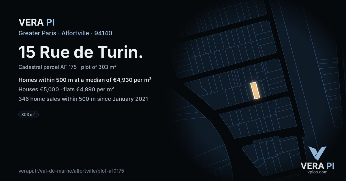 15 Rue de Turin, Alfortville at night – the plot lit, the parcels around coloured by the prices near them