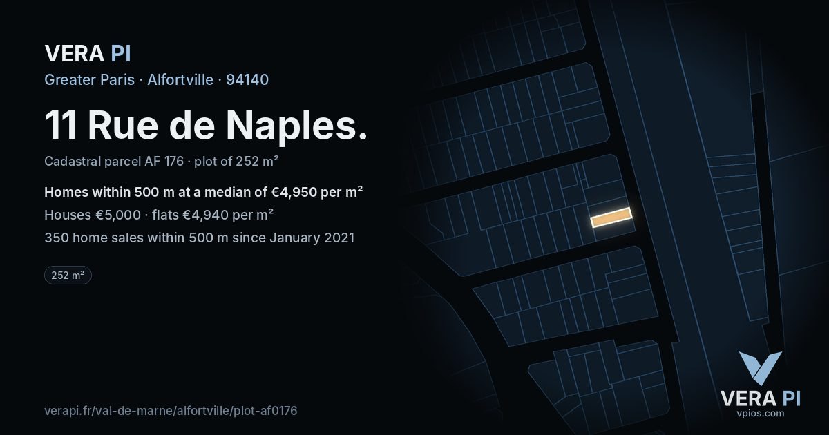 11 Rue de Naples, Alfortville at night – the plot lit, the parcels around coloured by the prices near them