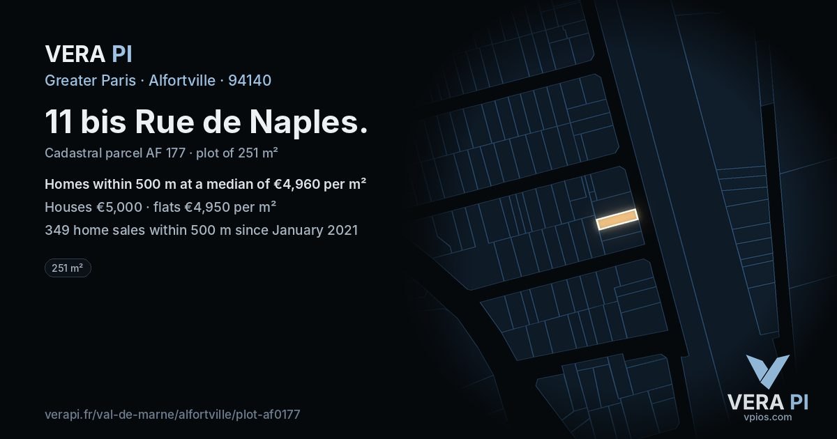 11 bis Rue de Naples, Alfortville at night – the plot lit, the parcels around coloured by the prices near them