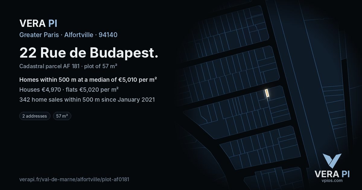 22 Rue de Budapest, Alfortville at night – the plot lit, the parcels around coloured by the prices near them