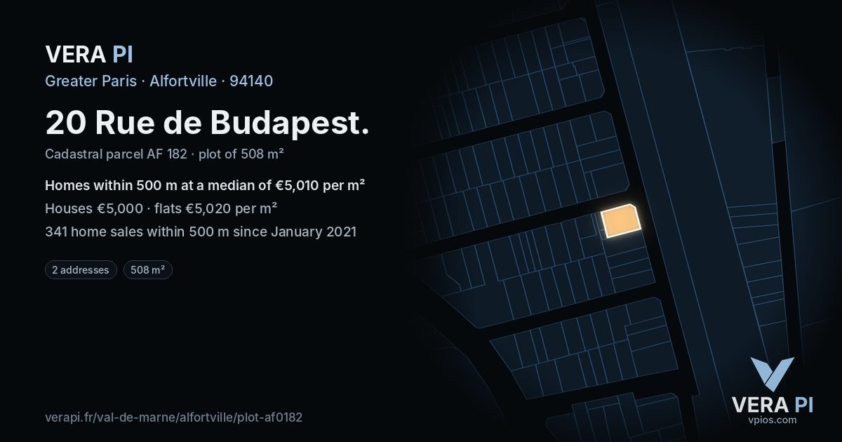 20 Rue de Budapest, Alfortville at night – the plot lit, the parcels around coloured by the prices near them