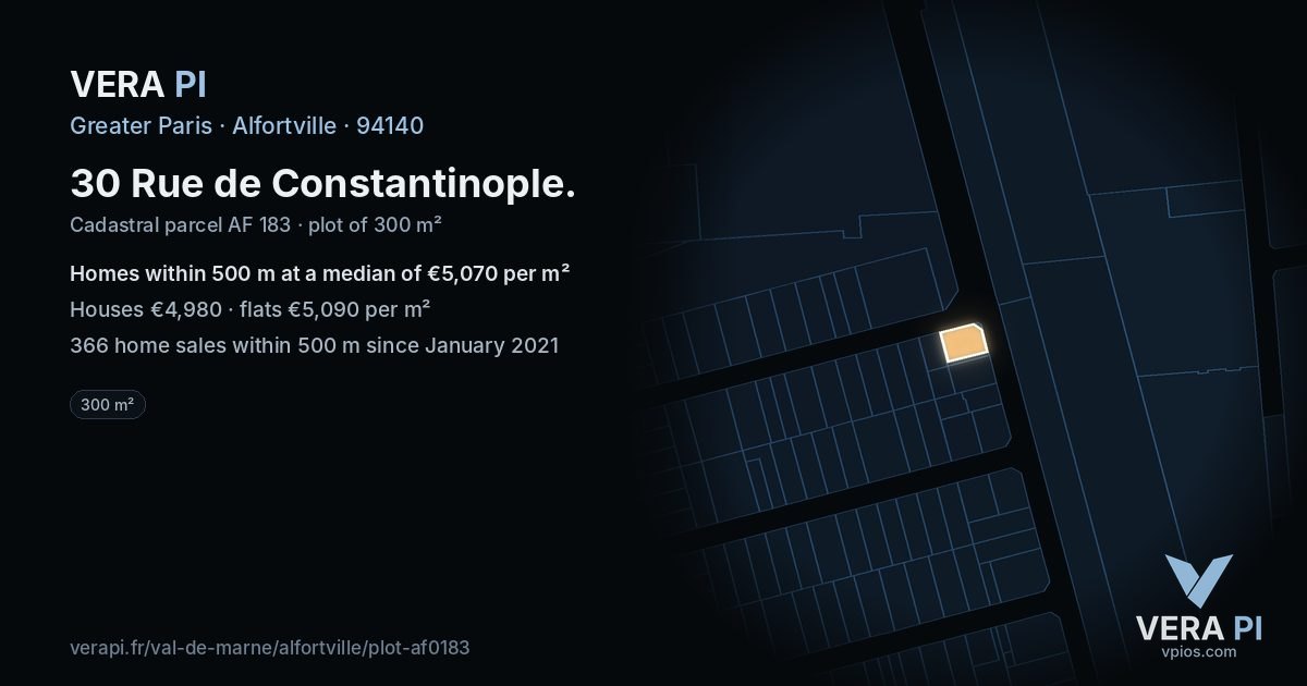 30 Rue de Constantinople, Alfortville at night – the plot lit, the parcels around coloured by the prices near them