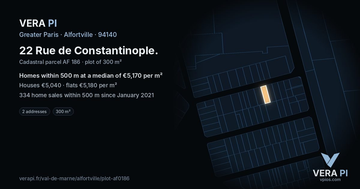 22 Rue de Constantinople, Alfortville at night – the plot lit, the parcels around coloured by the prices near them