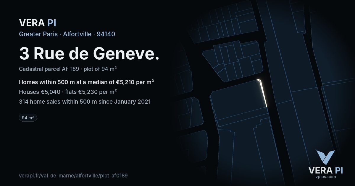 3 Rue de Geneve, Alfortville at night – the plot lit, the parcels around coloured by the prices near them