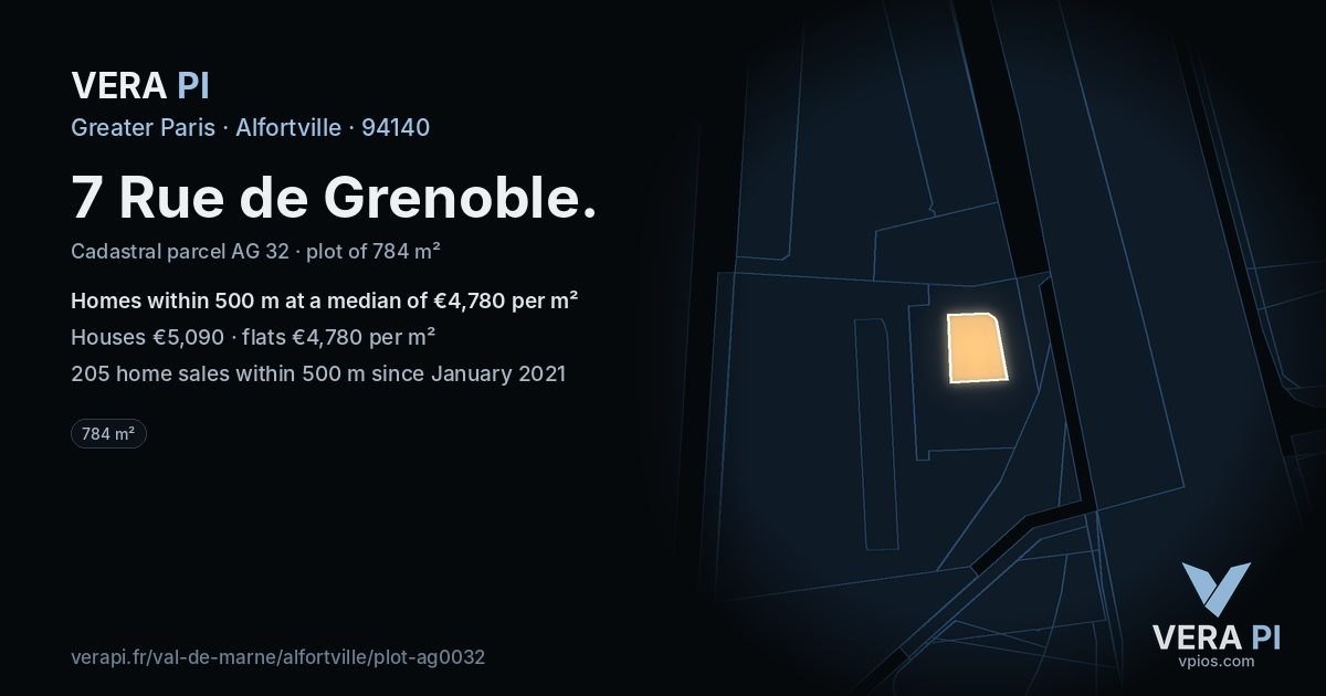 7 Rue de Grenoble, Alfortville at night – the plot lit, the parcels around coloured by the prices near them