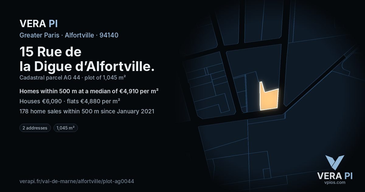 15 Rue de la Digue d’Alfortville, Alfortville at night – the plot lit, the parcels around coloured by the prices near them