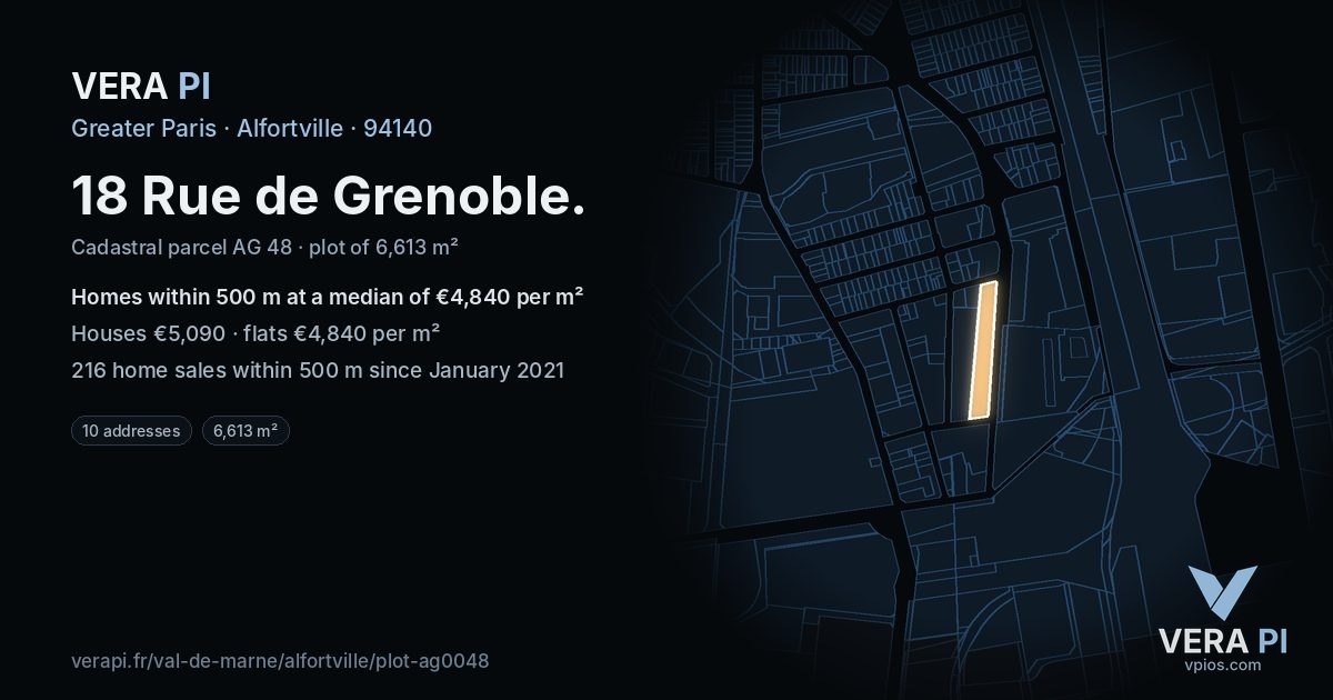 18 Rue de Grenoble, Alfortville at night – the plot lit, the parcels around coloured by the prices near them