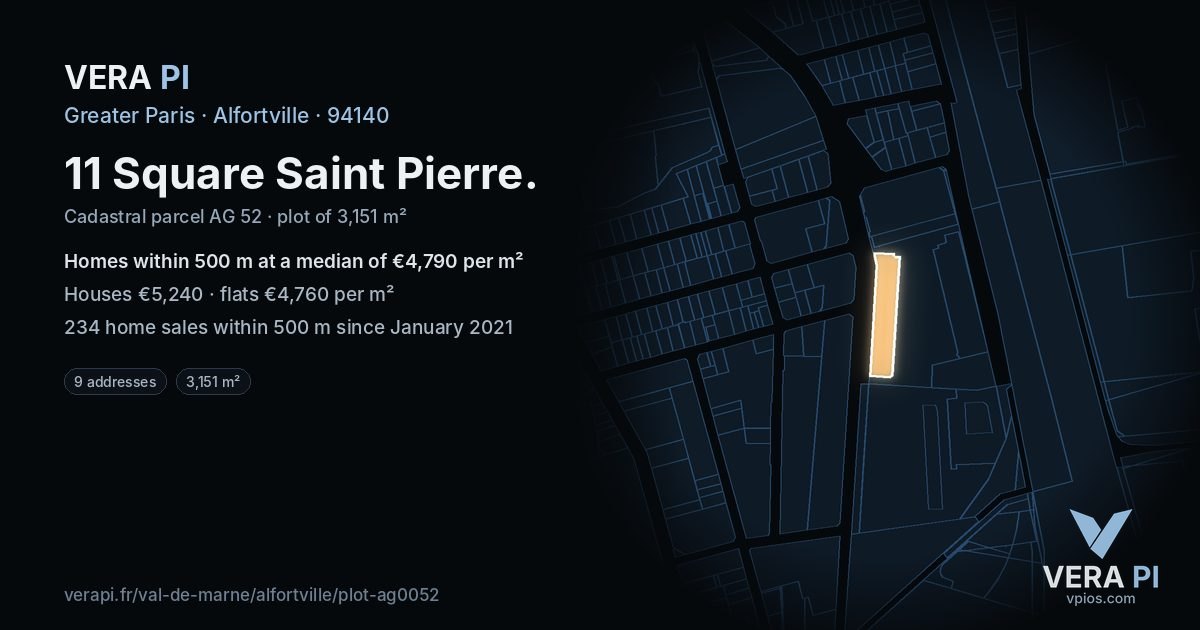 11 Square Saint Pierre, Alfortville at night – the plot lit, the parcels around coloured by the prices near them